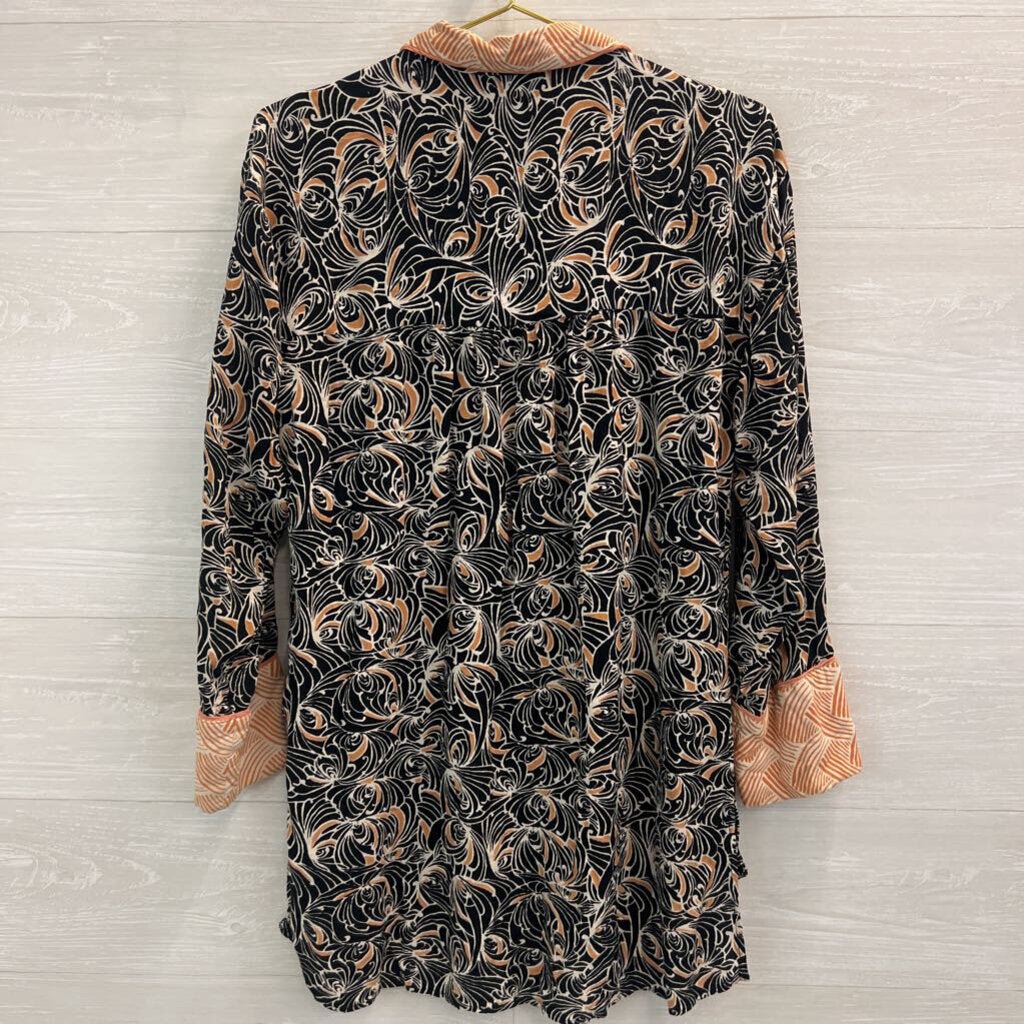 Anthropologie Black/ White/ Orange Print Long Sleeve Button Down Top Medium