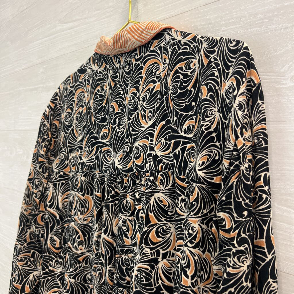 Anthropologie Black/ White/ Orange Print Long Sleeve Button Down Top Medium