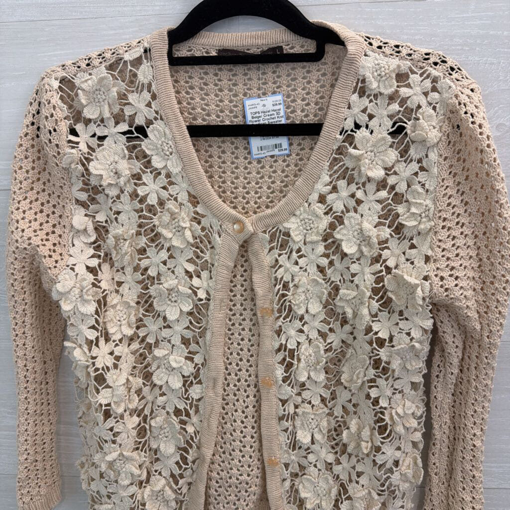 Hazel Beige/ Cream 3D Flower Crochet Knit Cardigan Sweater Large
