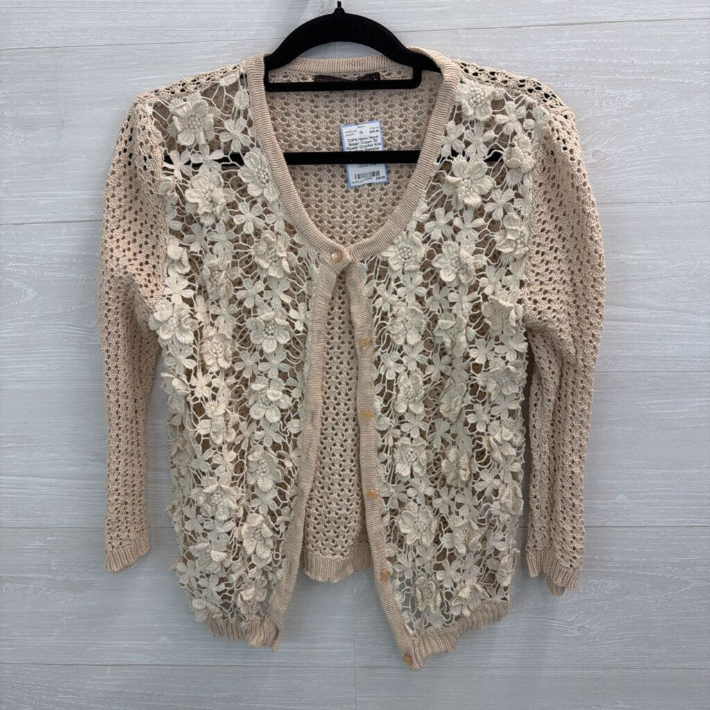 Hazel Beige/ Cream 3D Flower Crochet Knit Cardigan Sweater Large