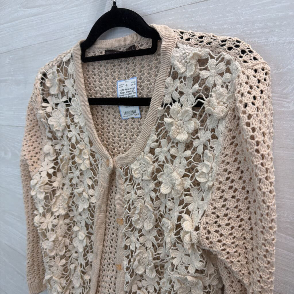 Hazel Beige/ Cream 3D Flower Crochet Knit Cardigan Sweater Large