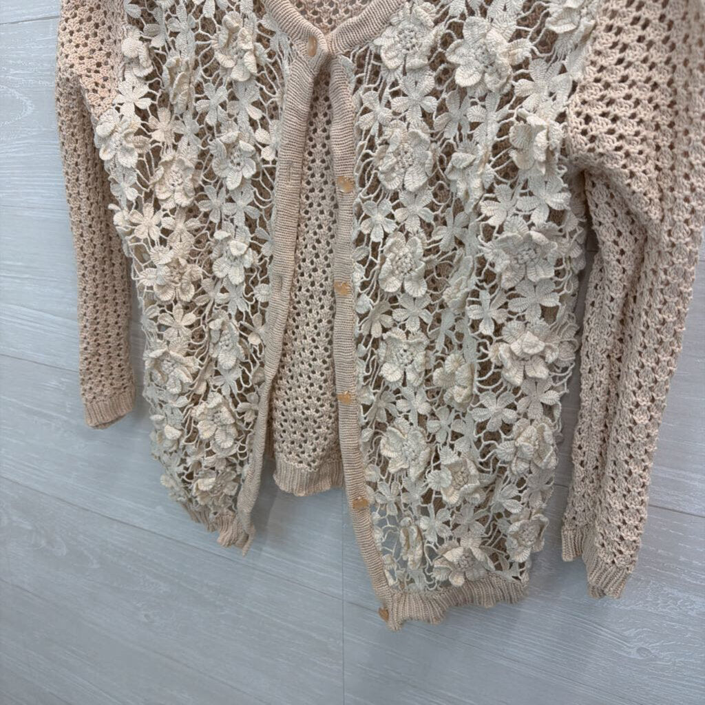 Hazel Beige/ Cream 3D Flower Crochet Knit Cardigan Sweater Large