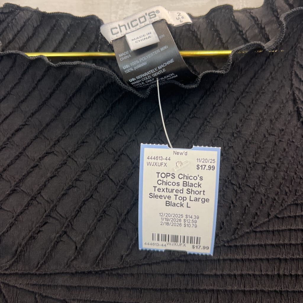 Chicos Black Textured Short Sleeve Top Large