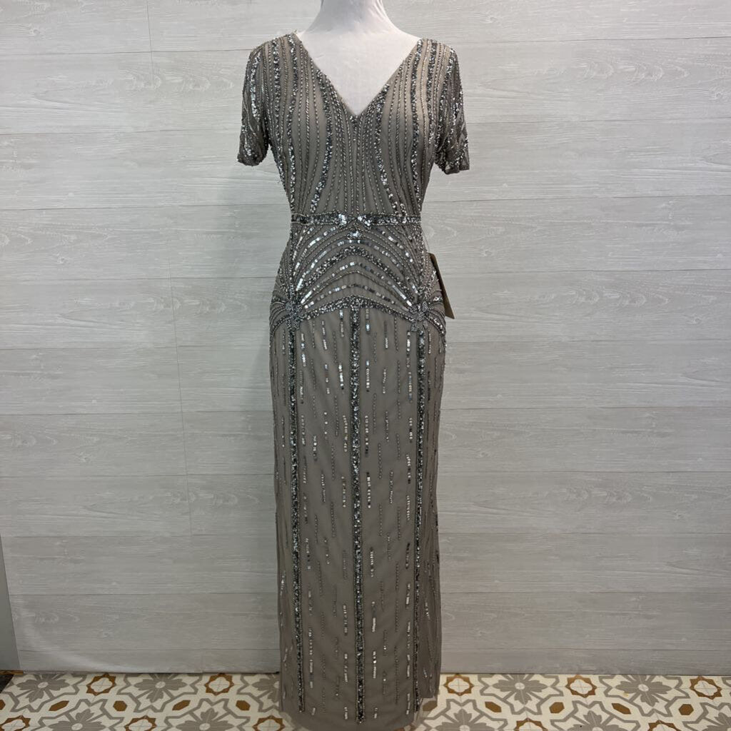 Adrianna Papell Beige/ Silver Sequin Embellished Short Sleeve Long Formal Dress 8