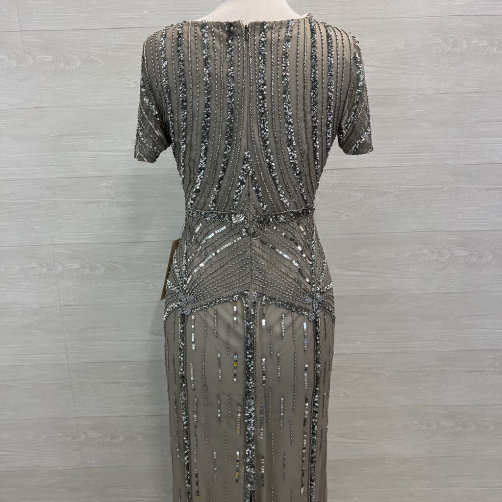Adrianna Papell Beige/ Silver Sequin Embellished Short Sleeve Long Formal Dress 8