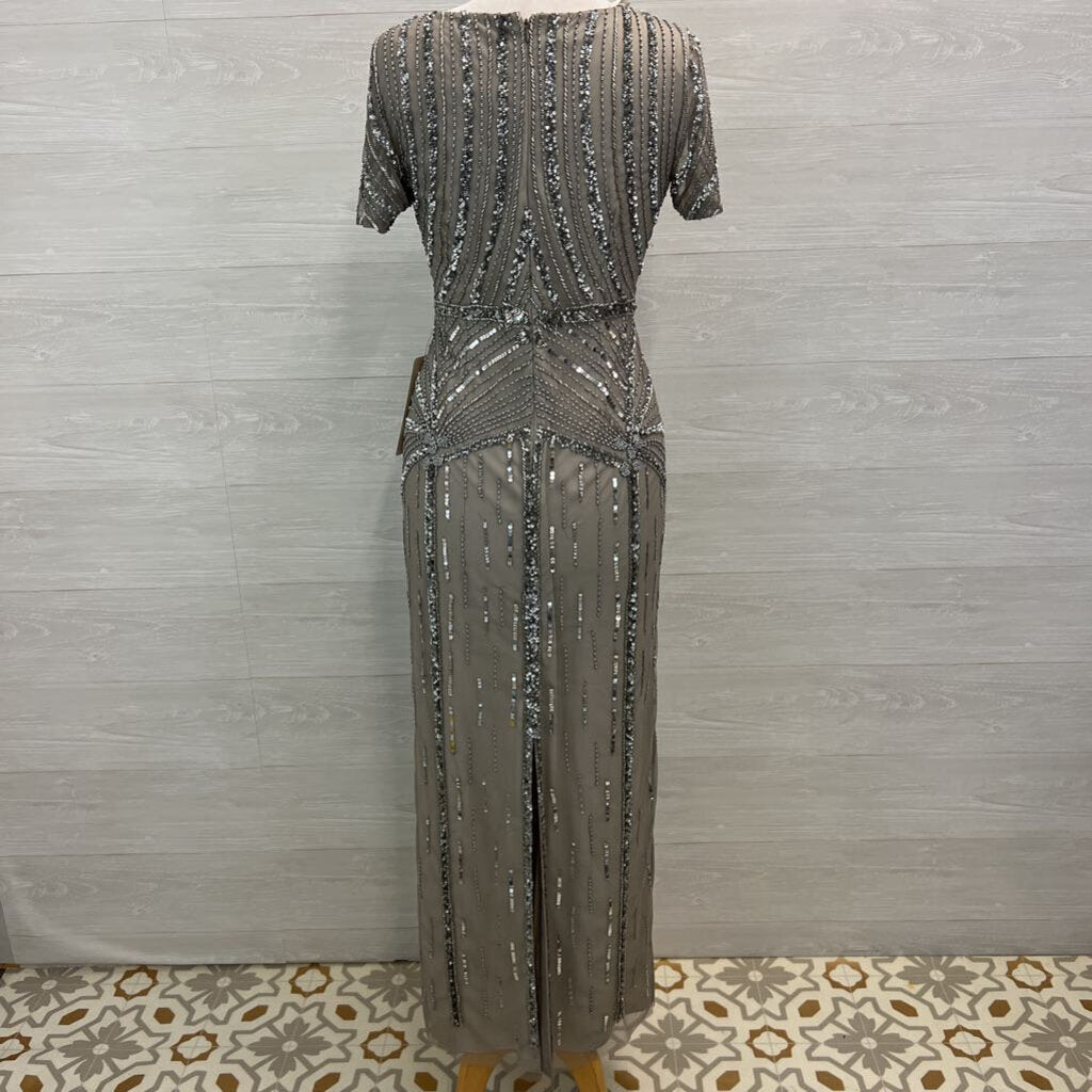 Adrianna Papell Beige/ Silver Sequin Embellished Short Sleeve Long Formal Dress 8