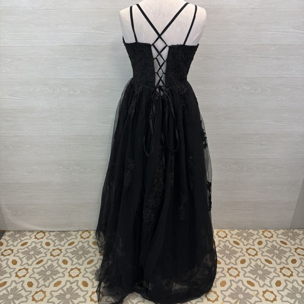 Black Lace Lace Up Back Long Formal Dress 20
