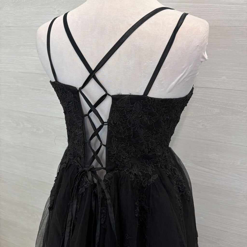Black Lace Lace Up Back Long Formal Dress 20