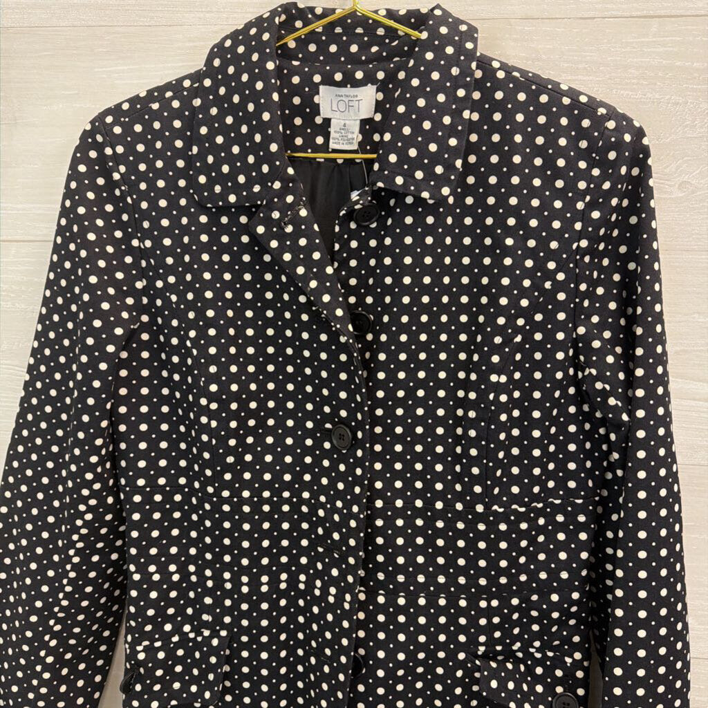 Loft Black/ White Polka Dot Print Long Button Front Jacket 4