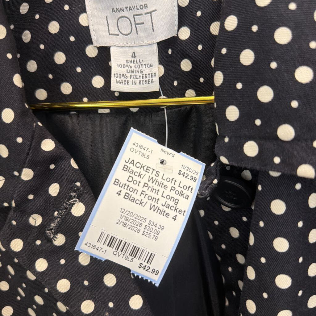 Loft Black/ White Polka Dot Print Long Button Front Jacket 4