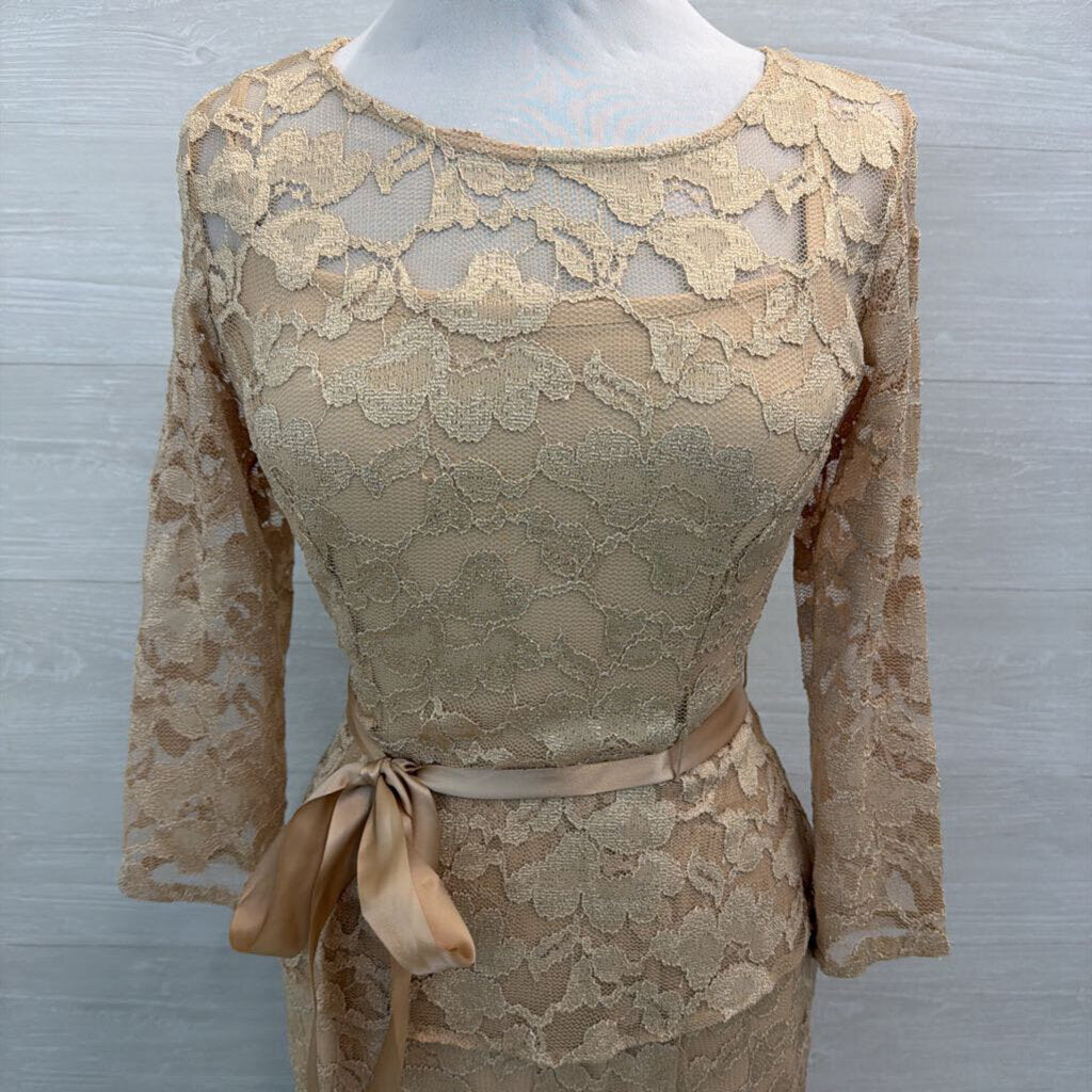 Leslie Fay Gold Lace Long Sleeve Tie Waist Long Formal Dress 6