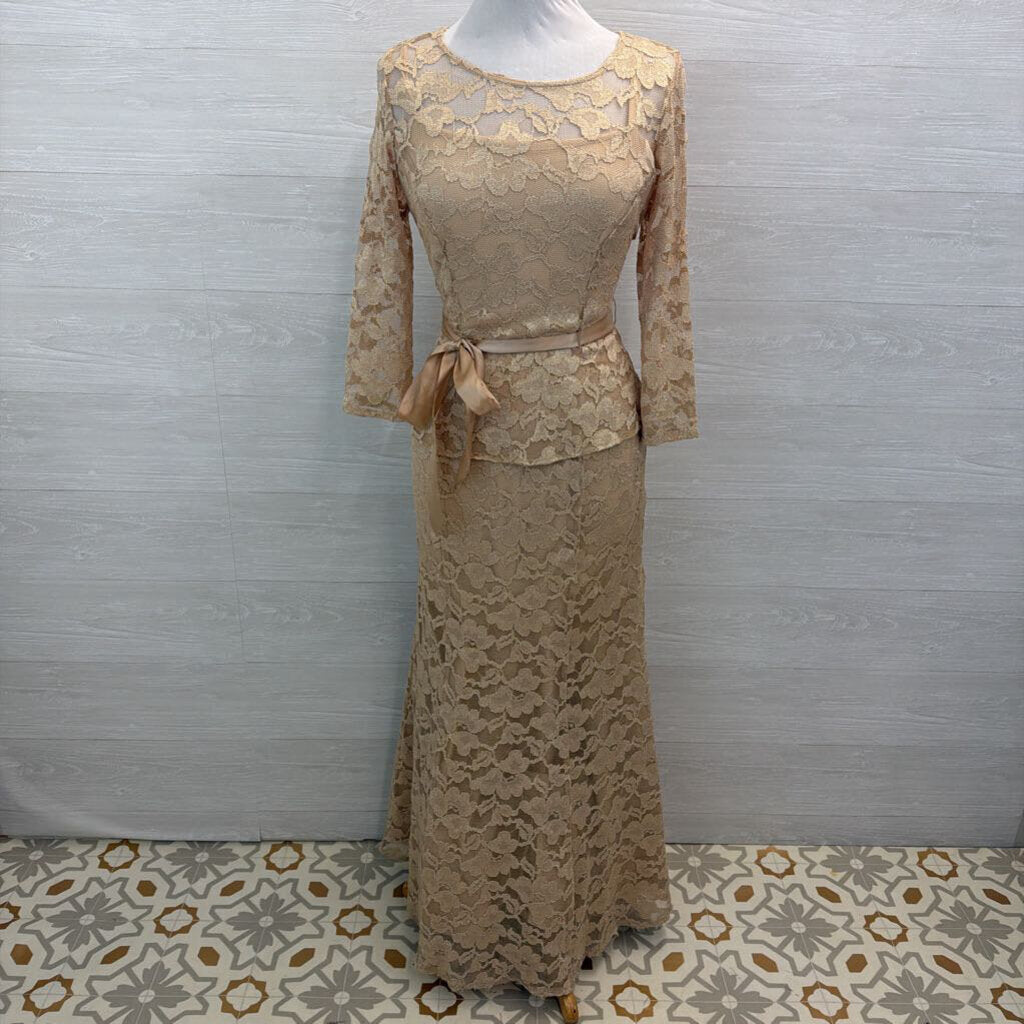 Leslie Fay Gold Lace Long Sleeve Tie Waist Long Formal Dress 6