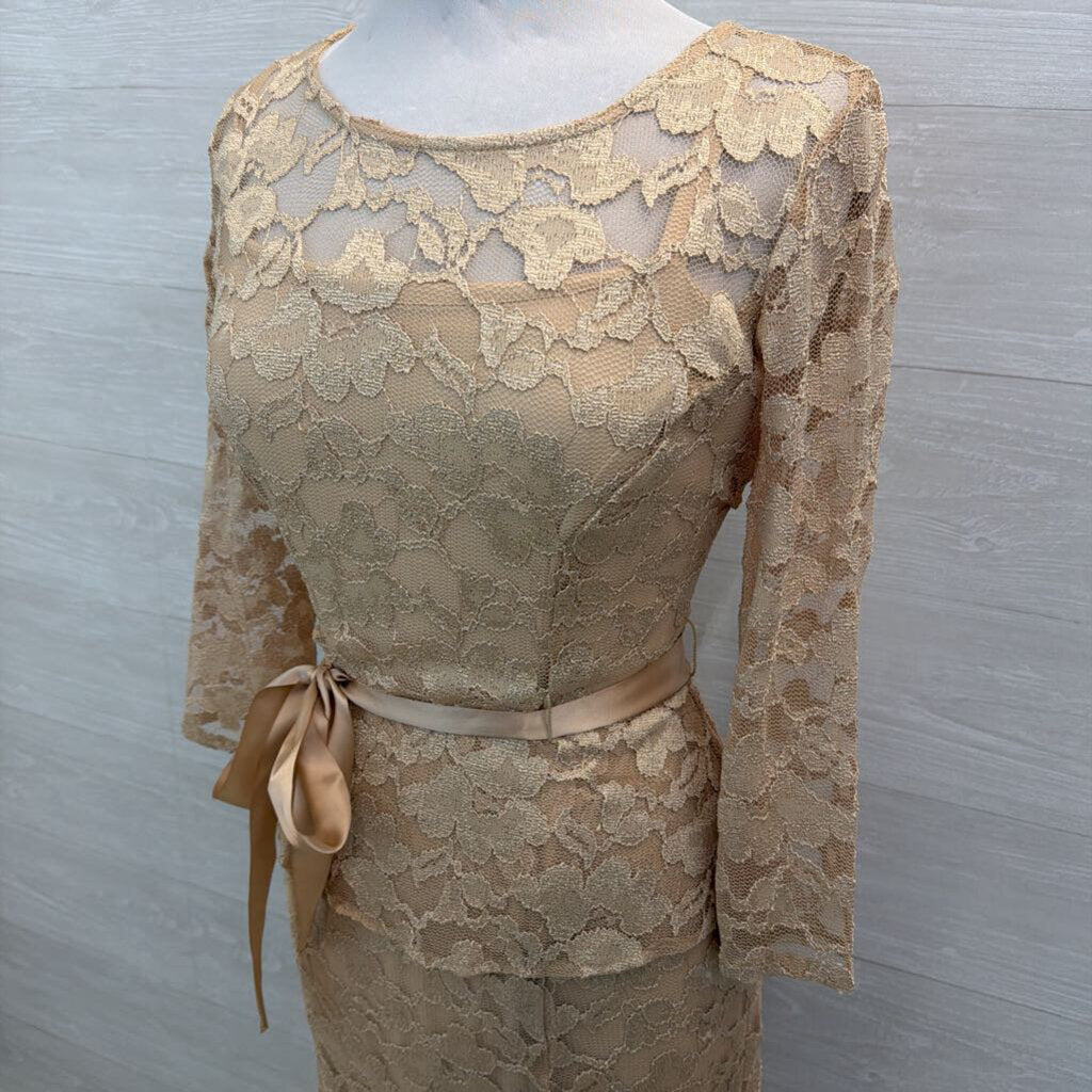 Leslie Fay Gold Lace Long Sleeve Tie Waist Long Formal Dress 6