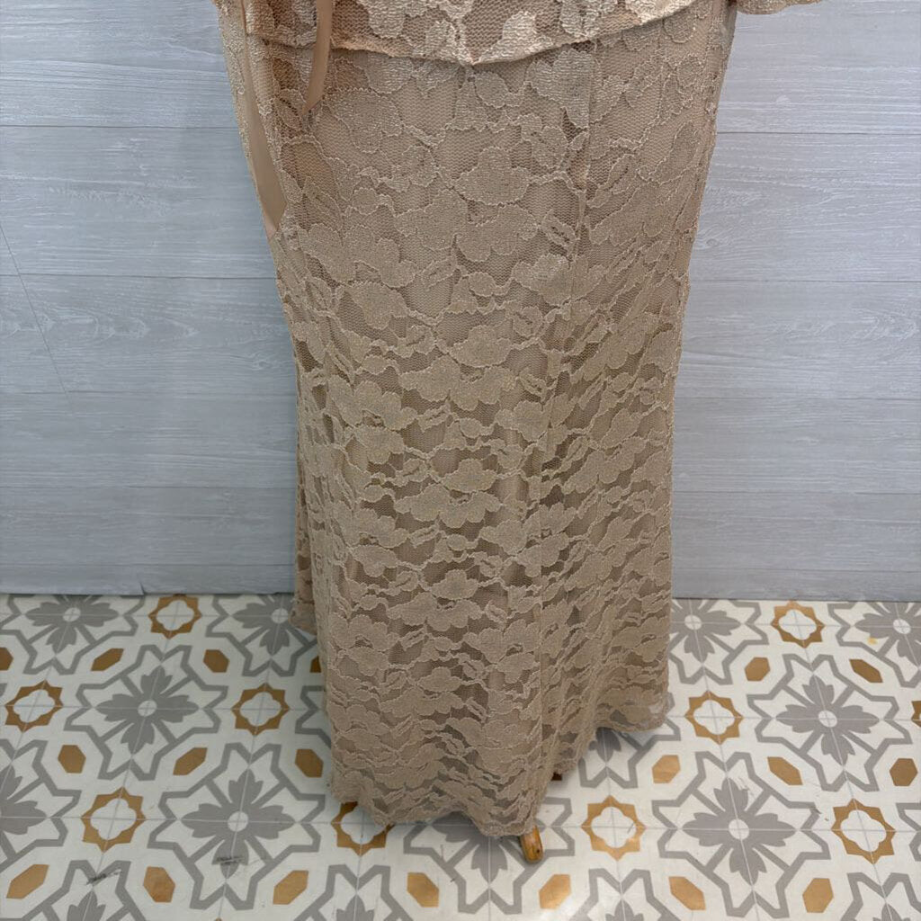 Leslie Fay Gold Lace Long Sleeve Tie Waist Long Formal Dress 6