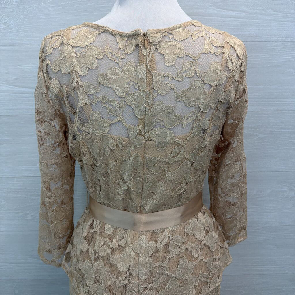 Leslie Fay Gold Lace Long Sleeve Tie Waist Long Formal Dress 6