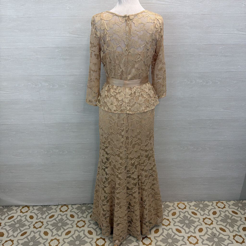 Leslie Fay Gold Lace Long Sleeve Tie Waist Long Formal Dress 6