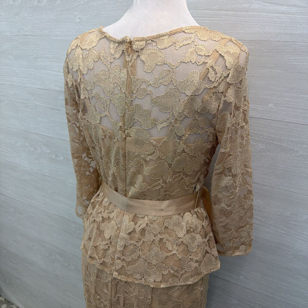 Leslie Fay Gold Lace Long Sleeve Tie Waist Long Formal Dress 6
