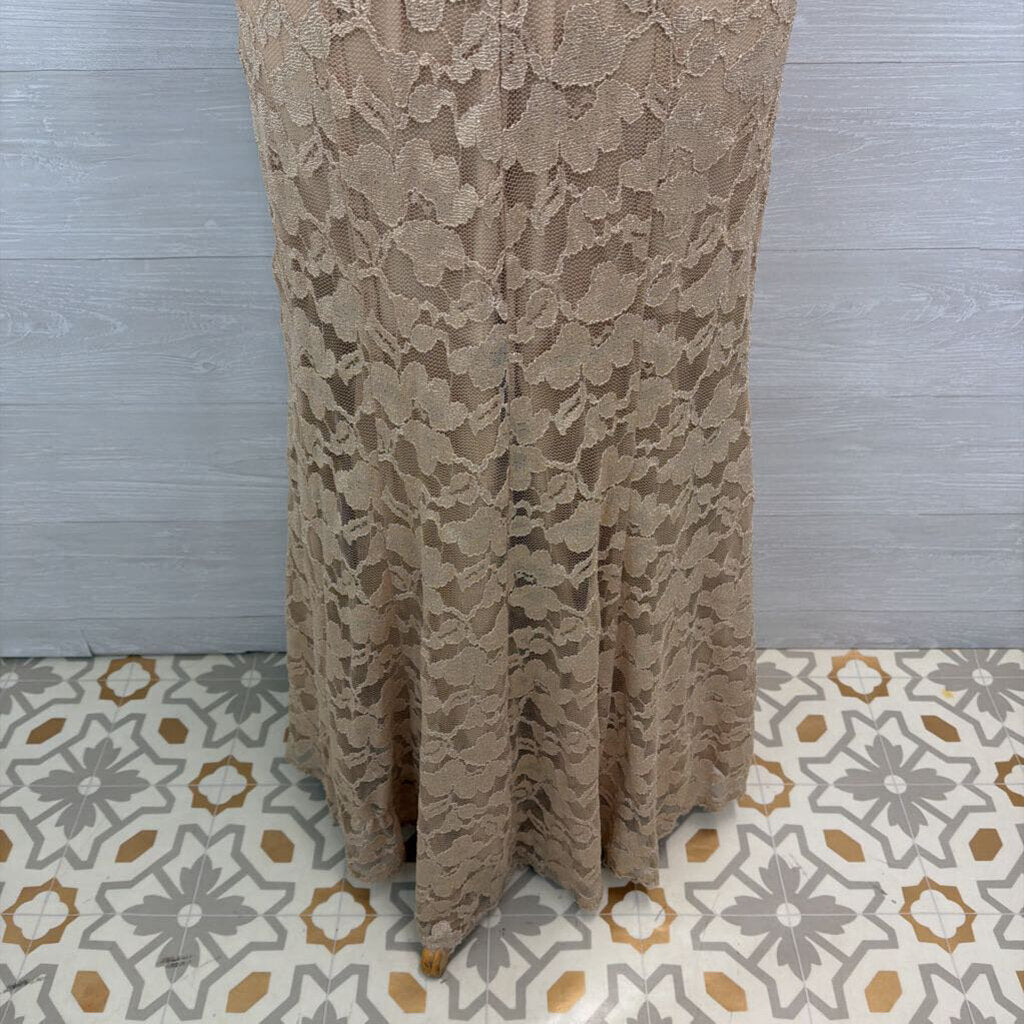 Leslie Fay Gold Lace Long Sleeve Tie Waist Long Formal Dress 6