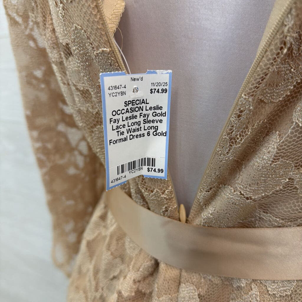Leslie Fay Gold Lace Long Sleeve Tie Waist Long Formal Dress 6