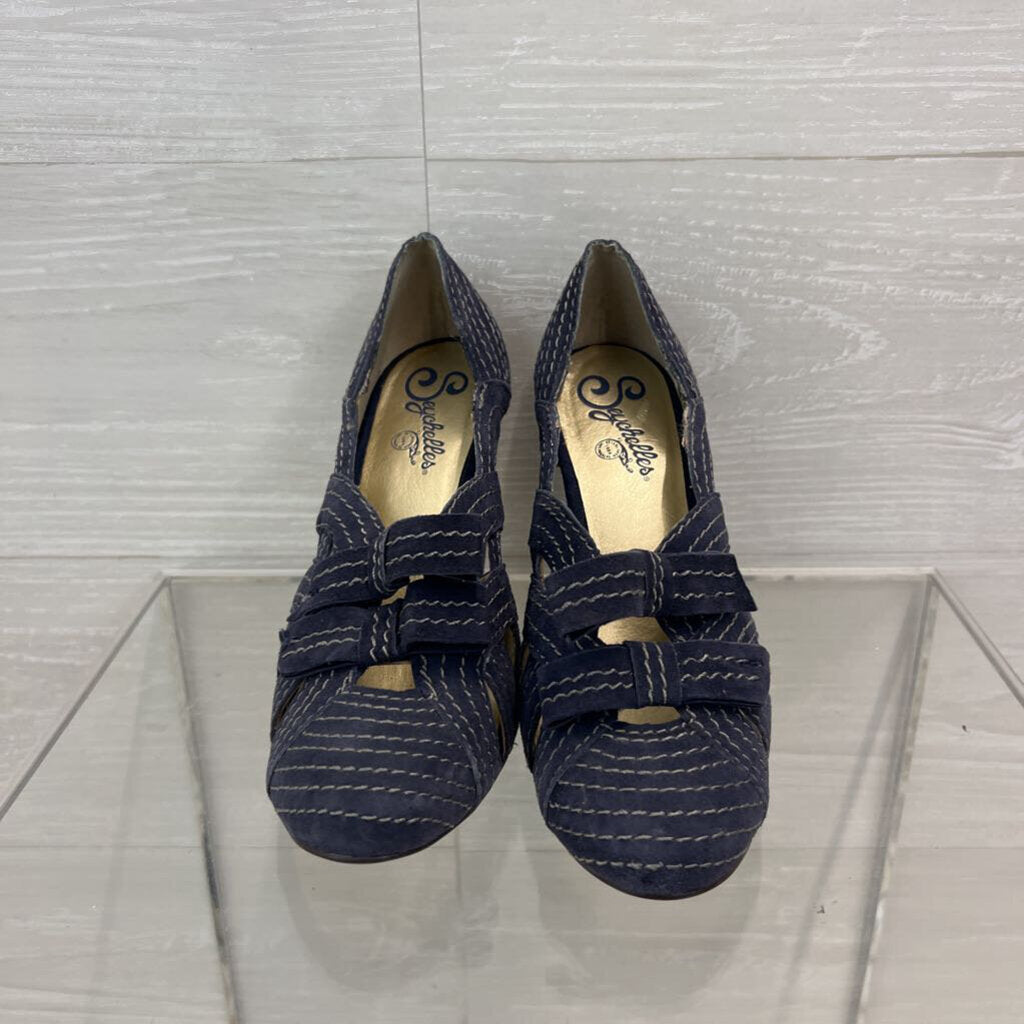 Seychelles Navy/ Beige Suede Stitched Bow Heels 6