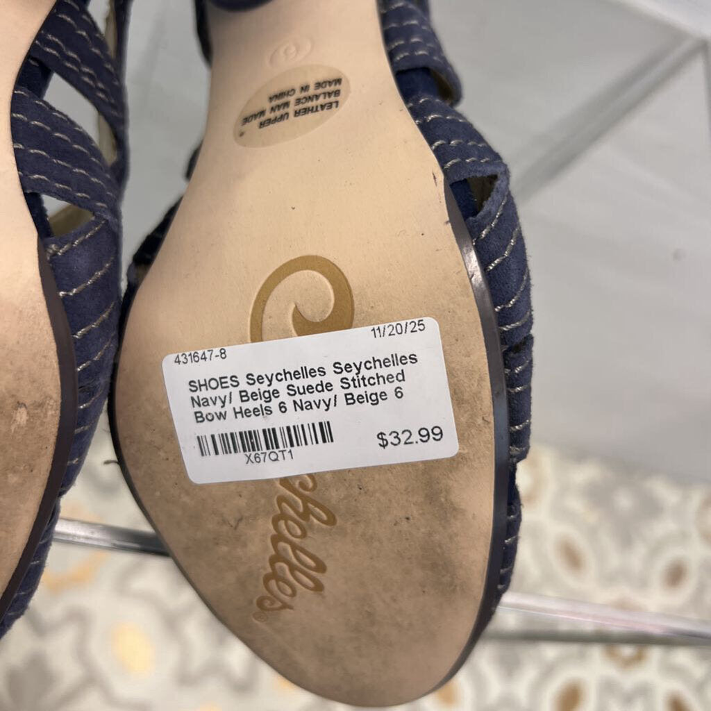 Seychelles Navy/ Beige Suede Stitched Bow Heels 6