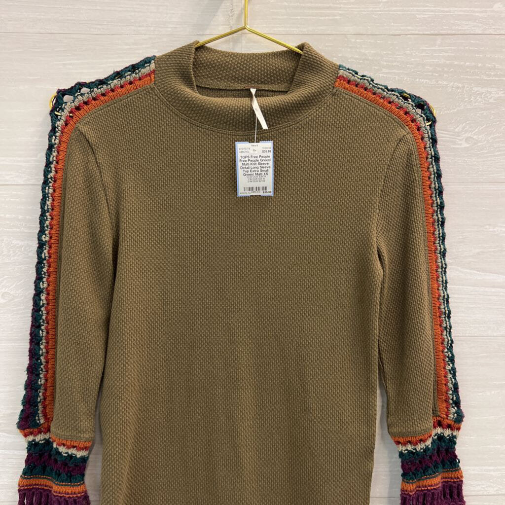 Free People Green/ Multi Knit Sleeve Detail Long Sleeve Top Extra Small