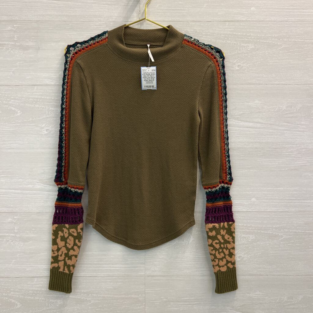 Free People Green/ Multi Knit Sleeve Detail Long Sleeve Top Extra Small