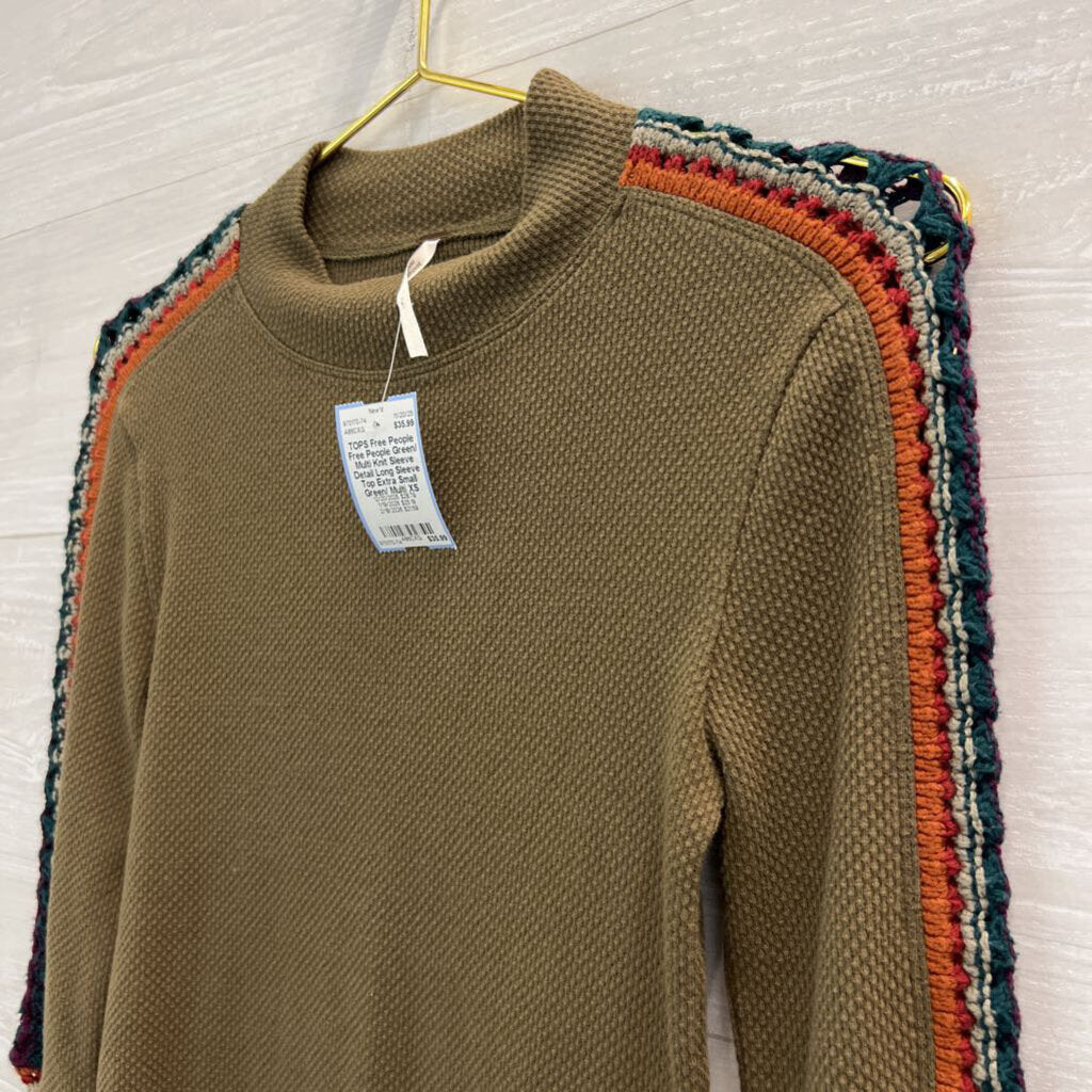 Free People Green/ Multi Knit Sleeve Detail Long Sleeve Top Extra Small