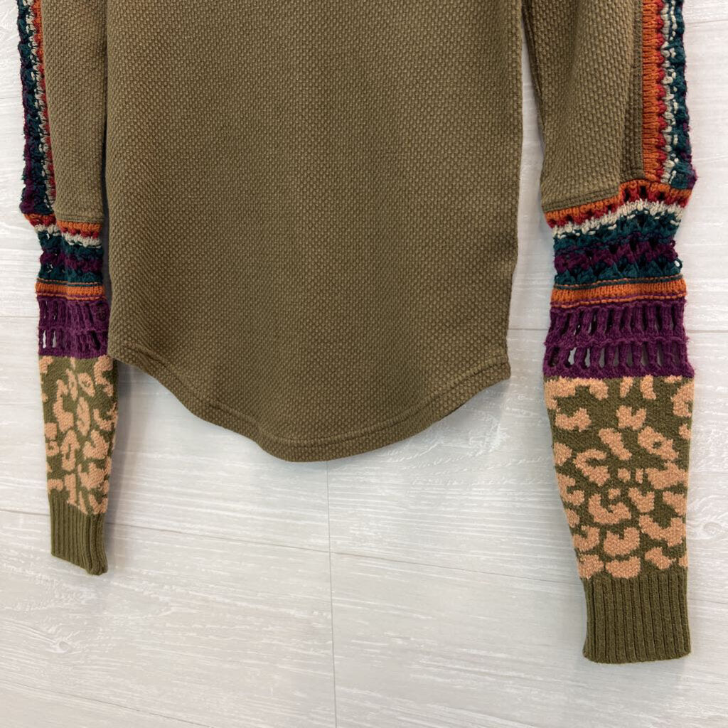 Free People Green/ Multi Knit Sleeve Detail Long Sleeve Top Extra Small