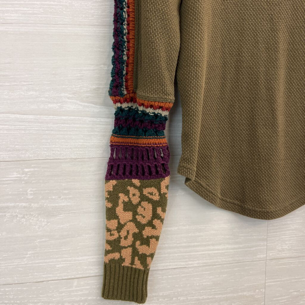 Free People Green/ Multi Knit Sleeve Detail Long Sleeve Top Extra Small