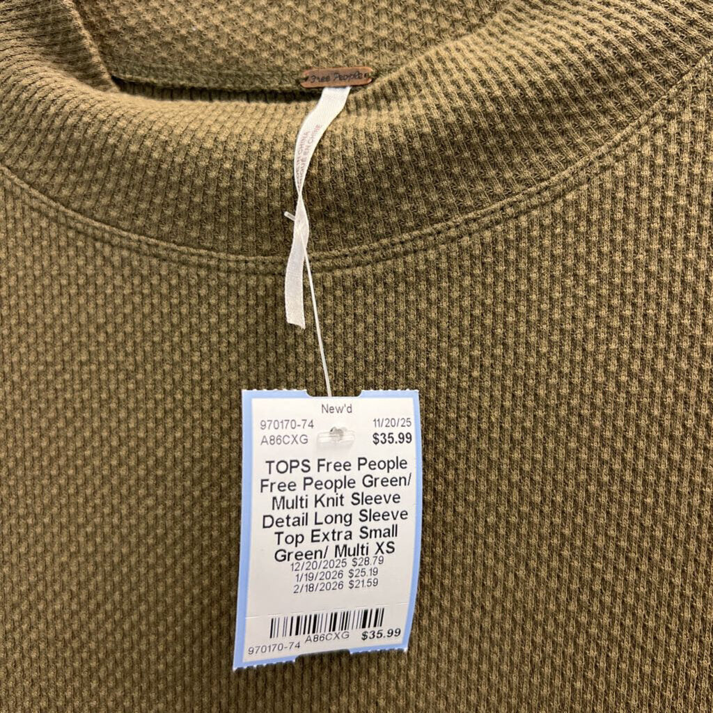 Free People Green/ Multi Knit Sleeve Detail Long Sleeve Top Extra Small