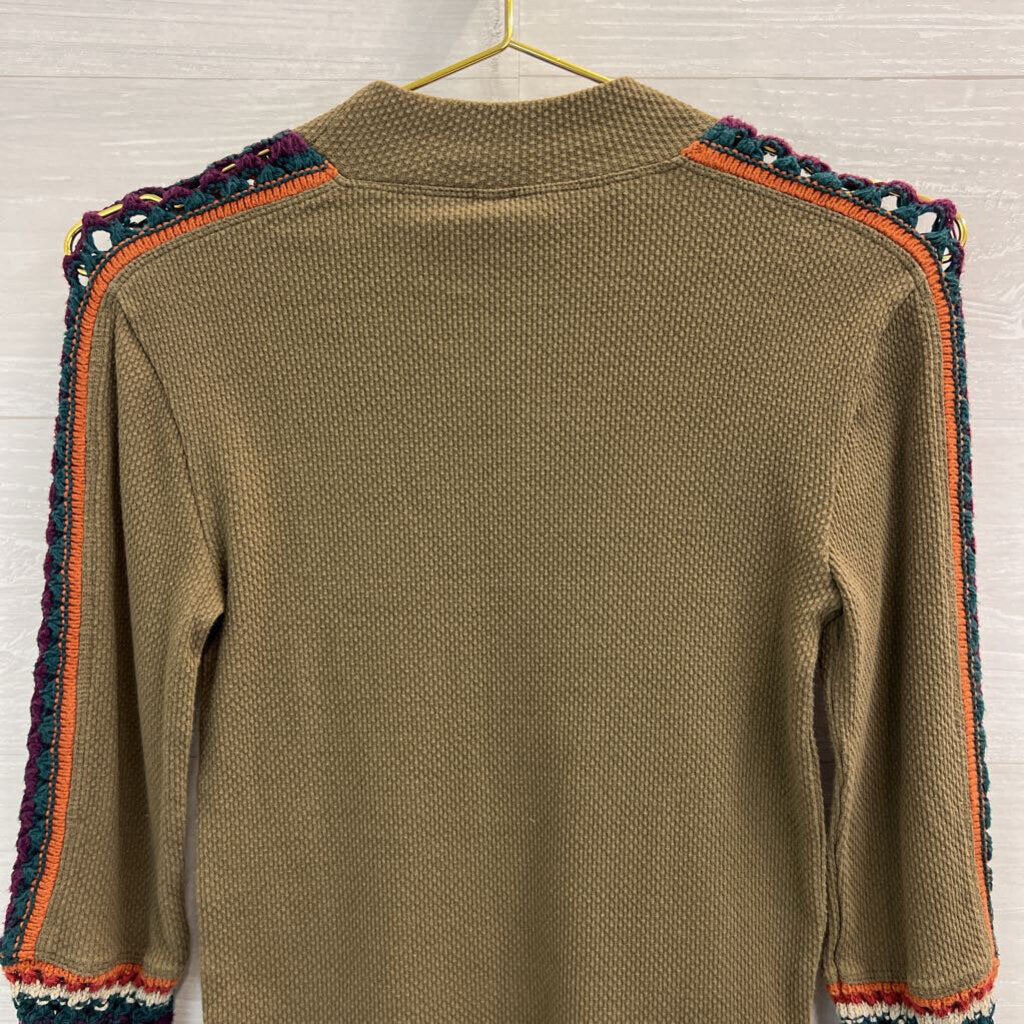 Free People Green/ Multi Knit Sleeve Detail Long Sleeve Top Extra Small
