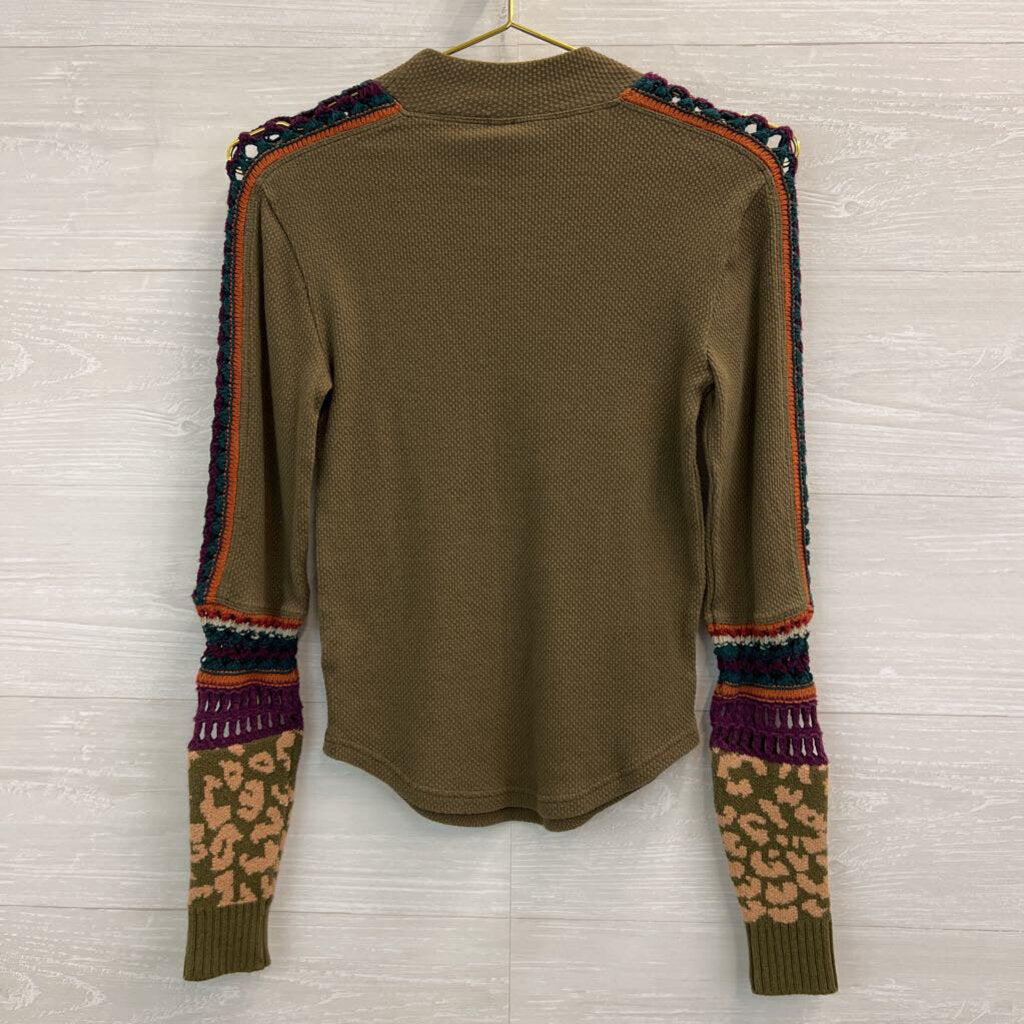 Free People Green/ Multi Knit Sleeve Detail Long Sleeve Top Extra Small