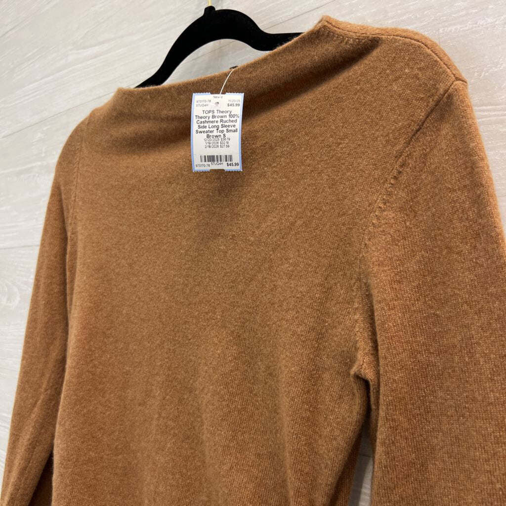 Theory Brown 100% Cashmere Ruched Side Long Sleeve Sweater Top Small