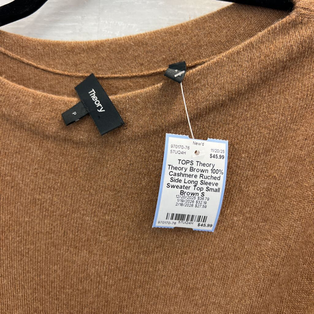 Theory Brown 100% Cashmere Ruched Side Long Sleeve Sweater Top Small
