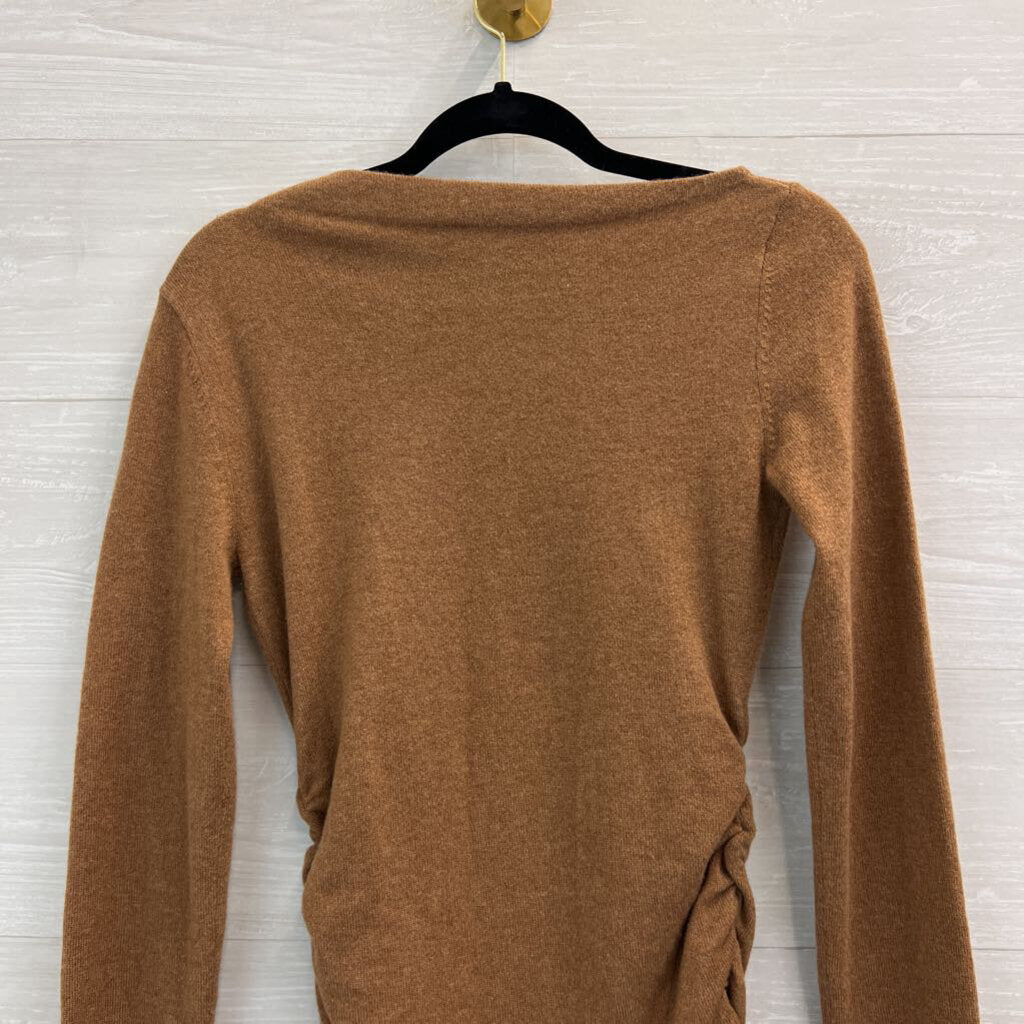 Theory Brown 100% Cashmere Ruched Side Long Sleeve Sweater Top Small
