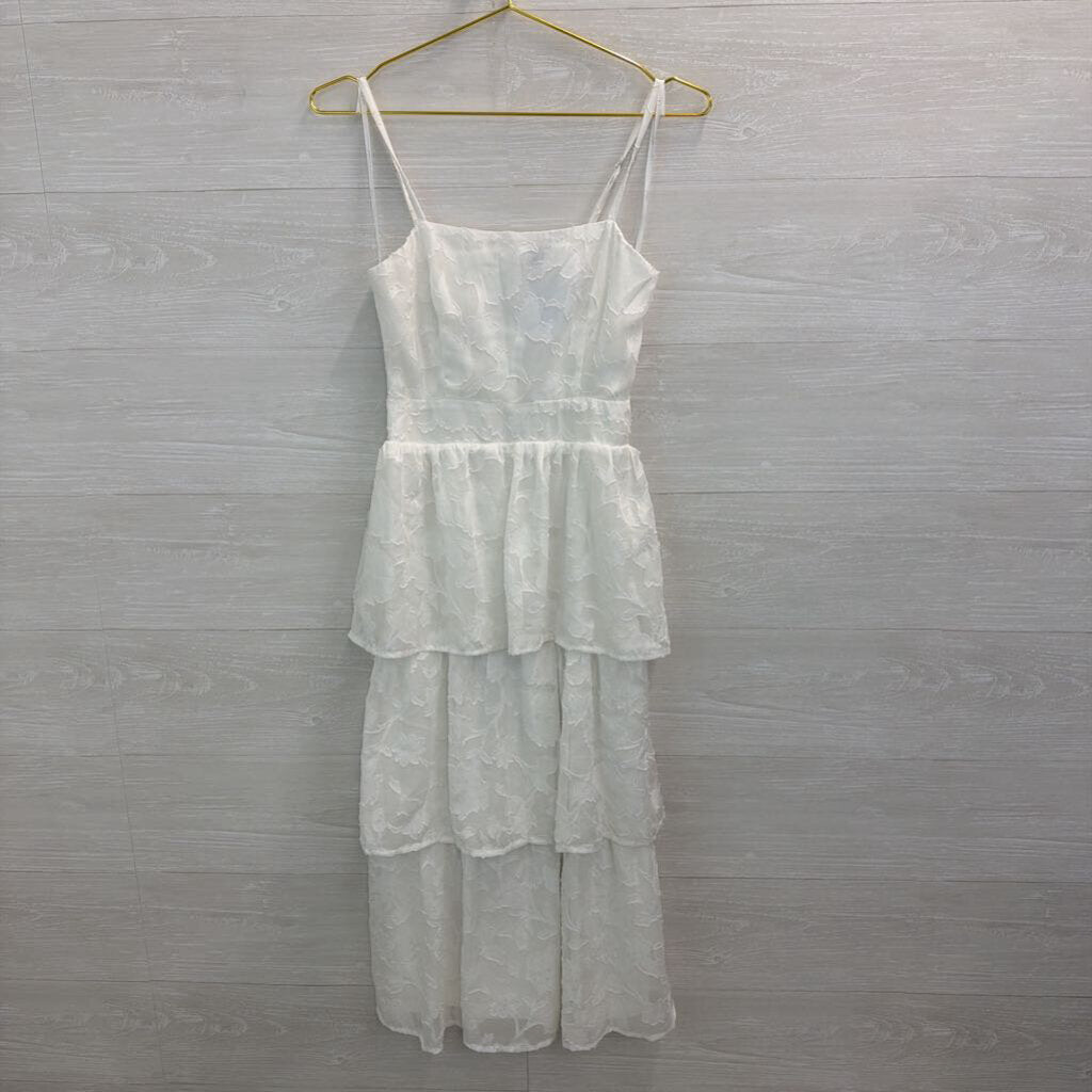 Lulus White Textured Floral Print Tiered Skirt Midi Dress Small