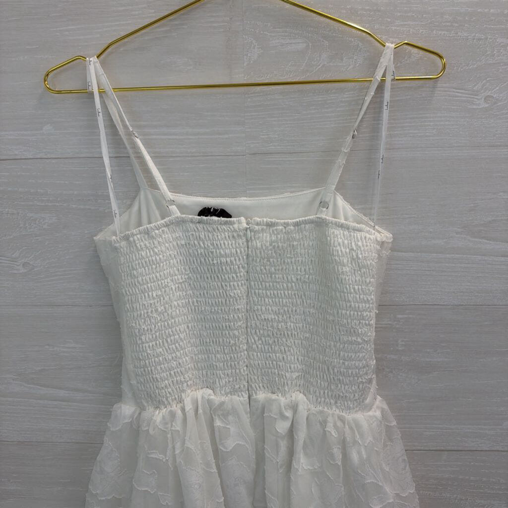 Lulus White Textured Floral Print Tiered Skirt Midi Dress Small