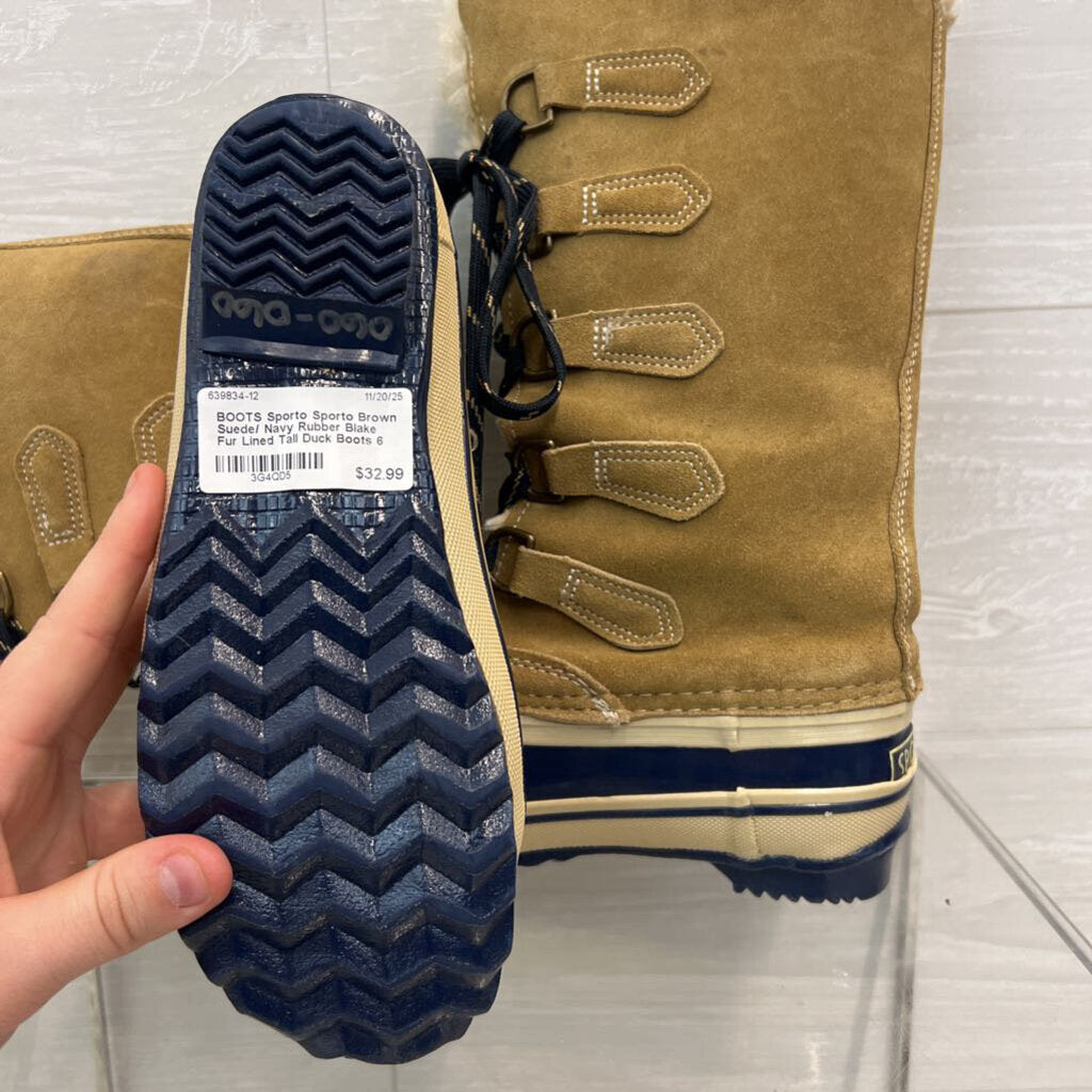 Sporto Brown Suede/ Navy Rubber Blake Fur Lined Tall Duck Boots 6