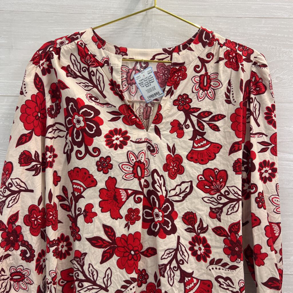 Loft Beige/ Red Flower Print Long Sleeve Top Small