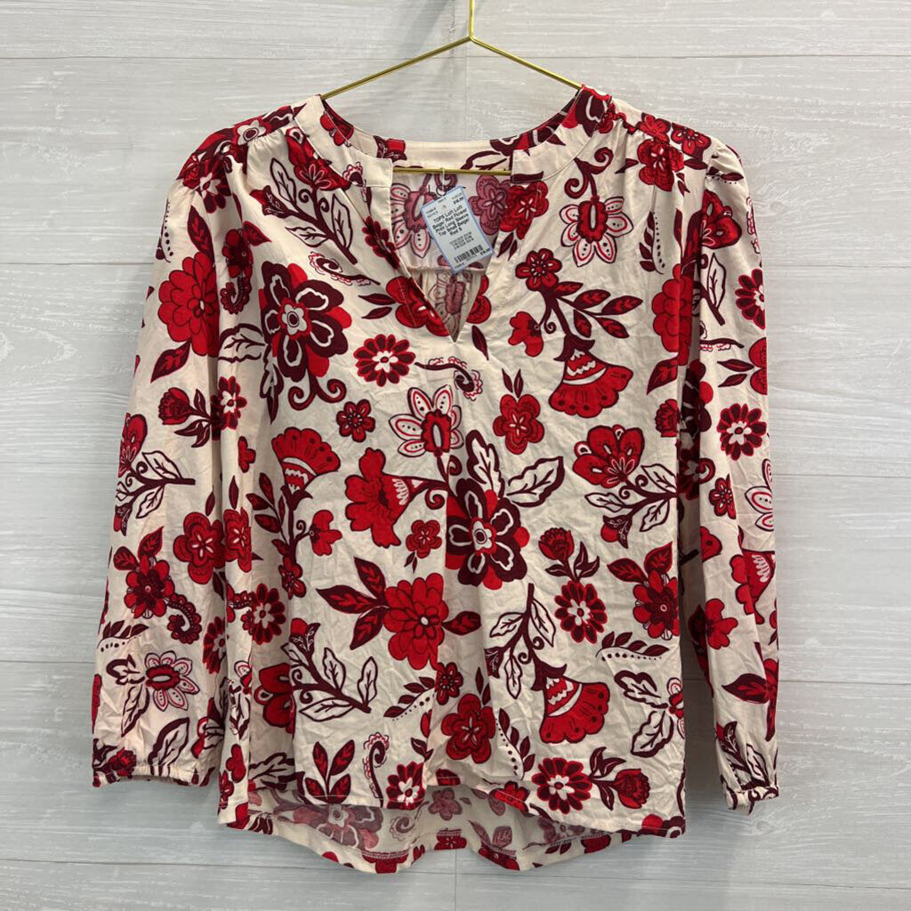 Loft Beige/ Red Flower Print Long Sleeve Top Small