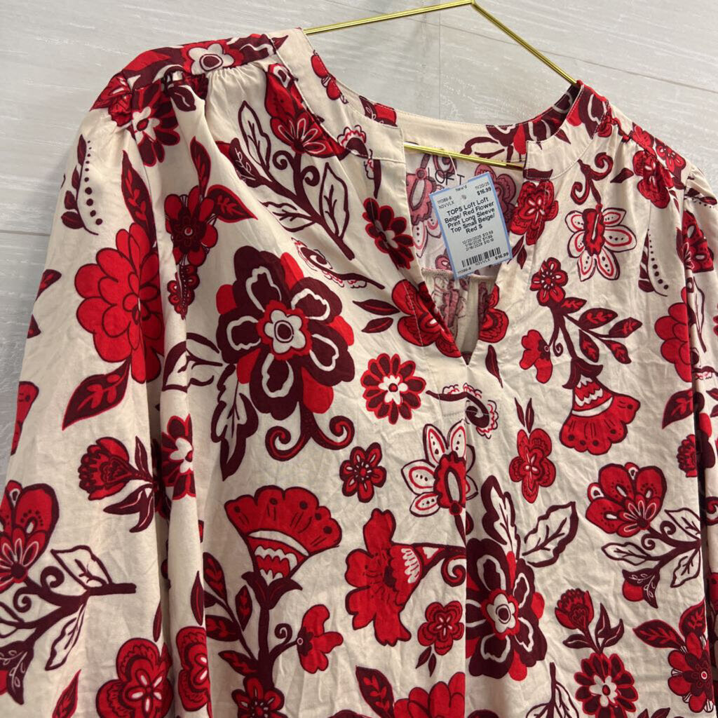 Loft Beige/ Red Flower Print Long Sleeve Top Small