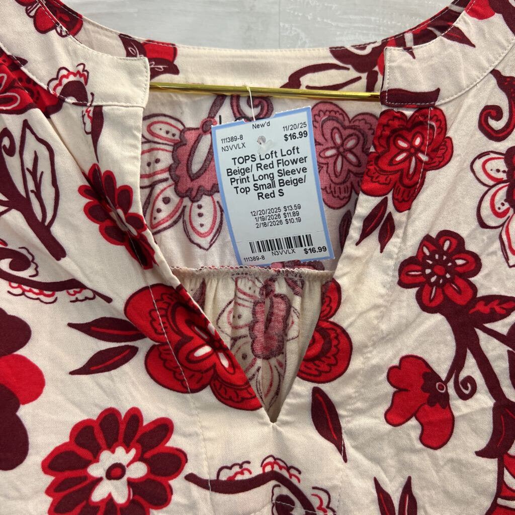 Loft Beige/ Red Flower Print Long Sleeve Top Small