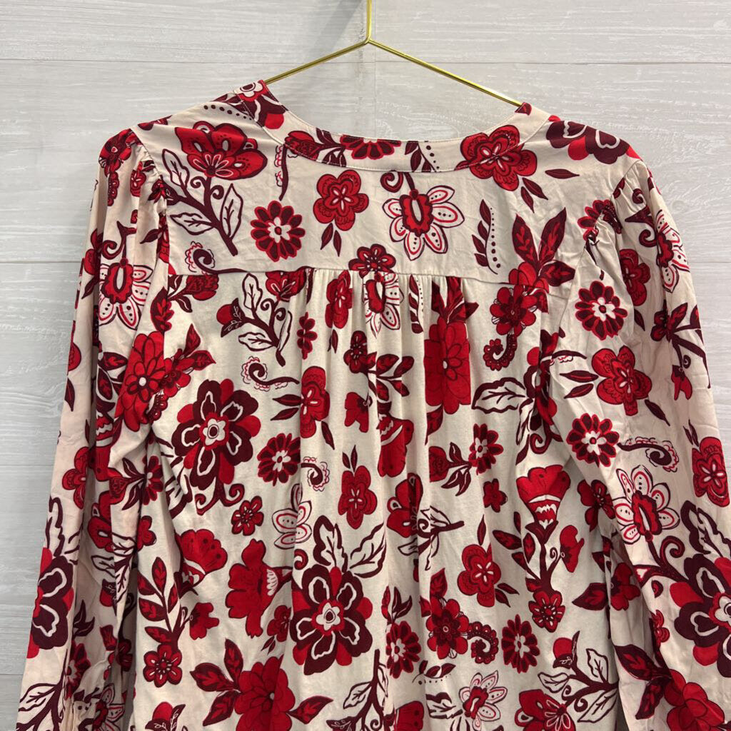 Loft Beige/ Red Flower Print Long Sleeve Top Small