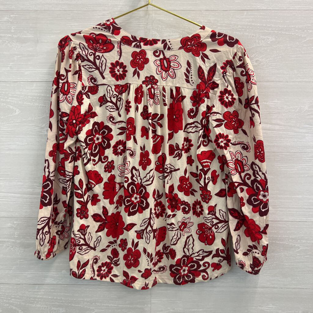 Loft Beige/ Red Flower Print Long Sleeve Top Small