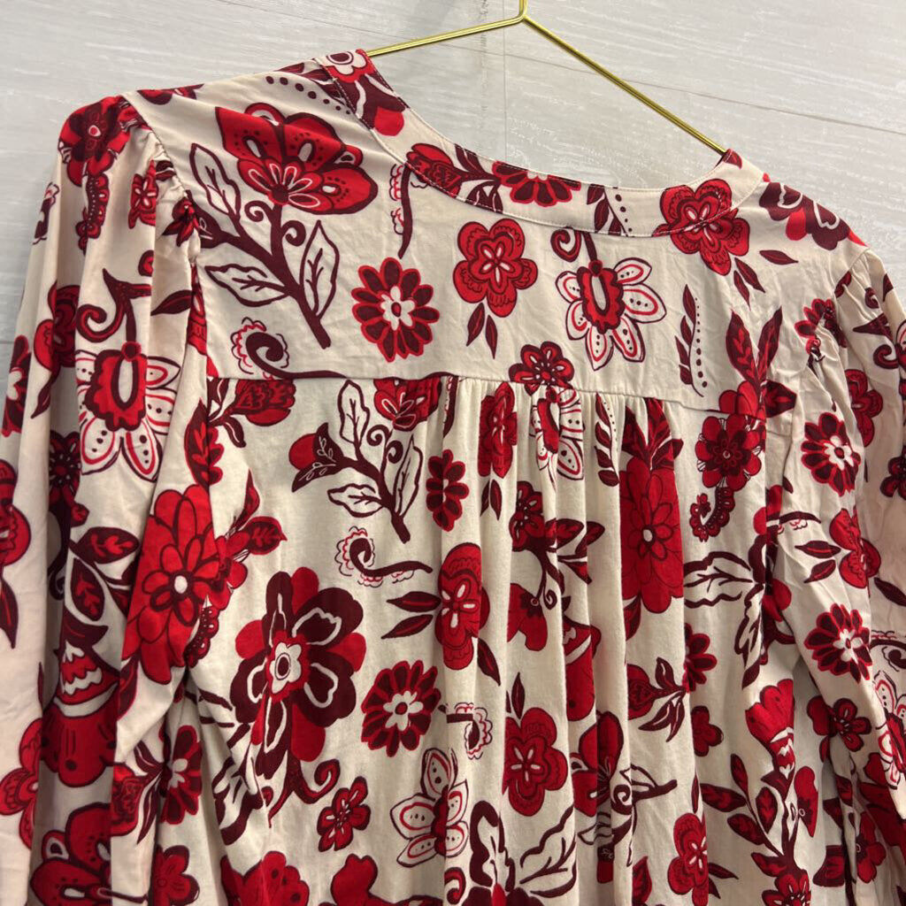 Loft Beige/ Red Flower Print Long Sleeve Top Small