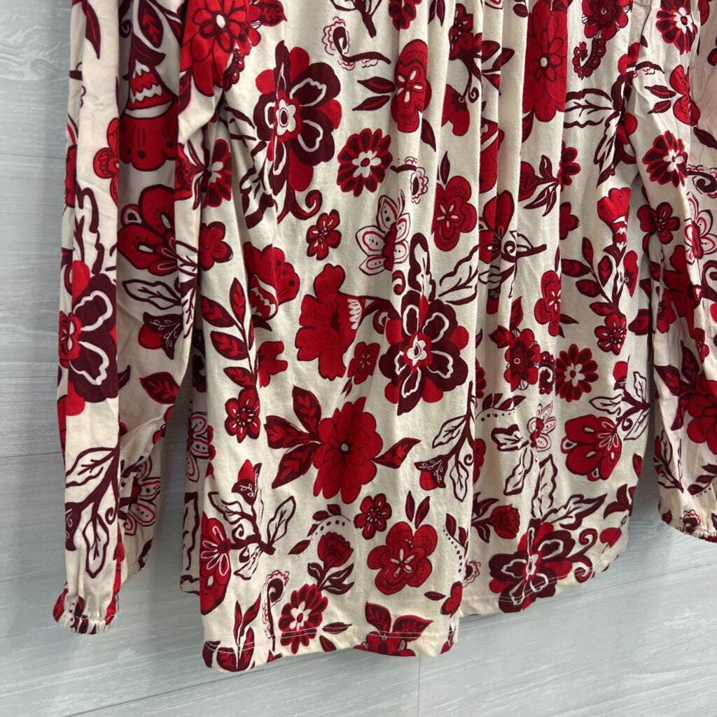 Loft Beige/ Red Flower Print Long Sleeve Top Small