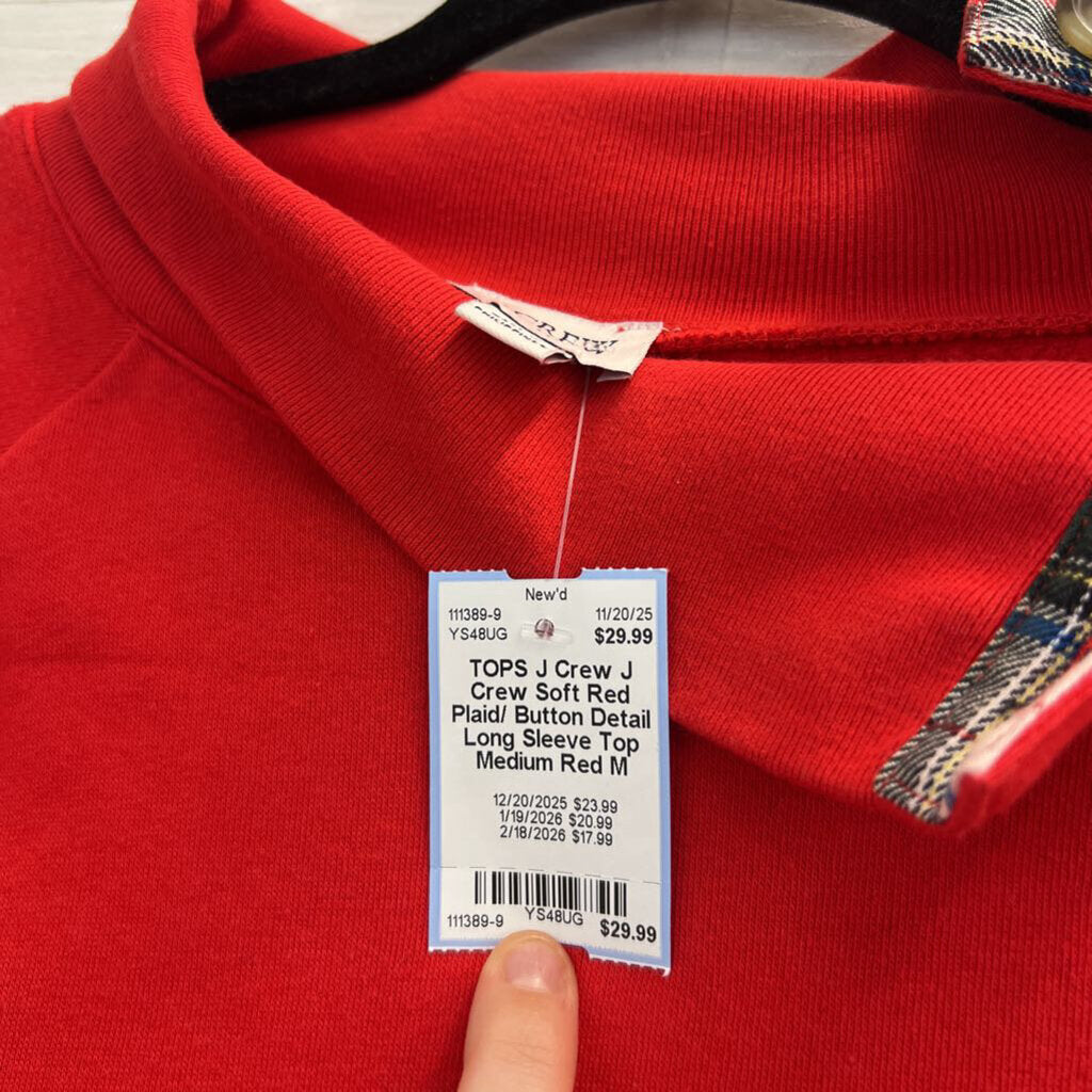 J Crew Soft Red Plaid/ Button Detail Long Sleeve Top Medium
