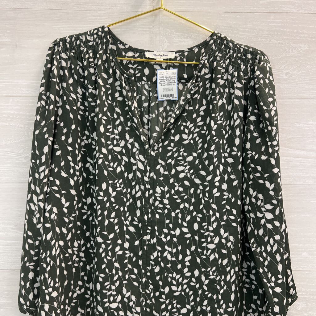 Monday Fun Green/ White Print Long Sleeve Top Medium