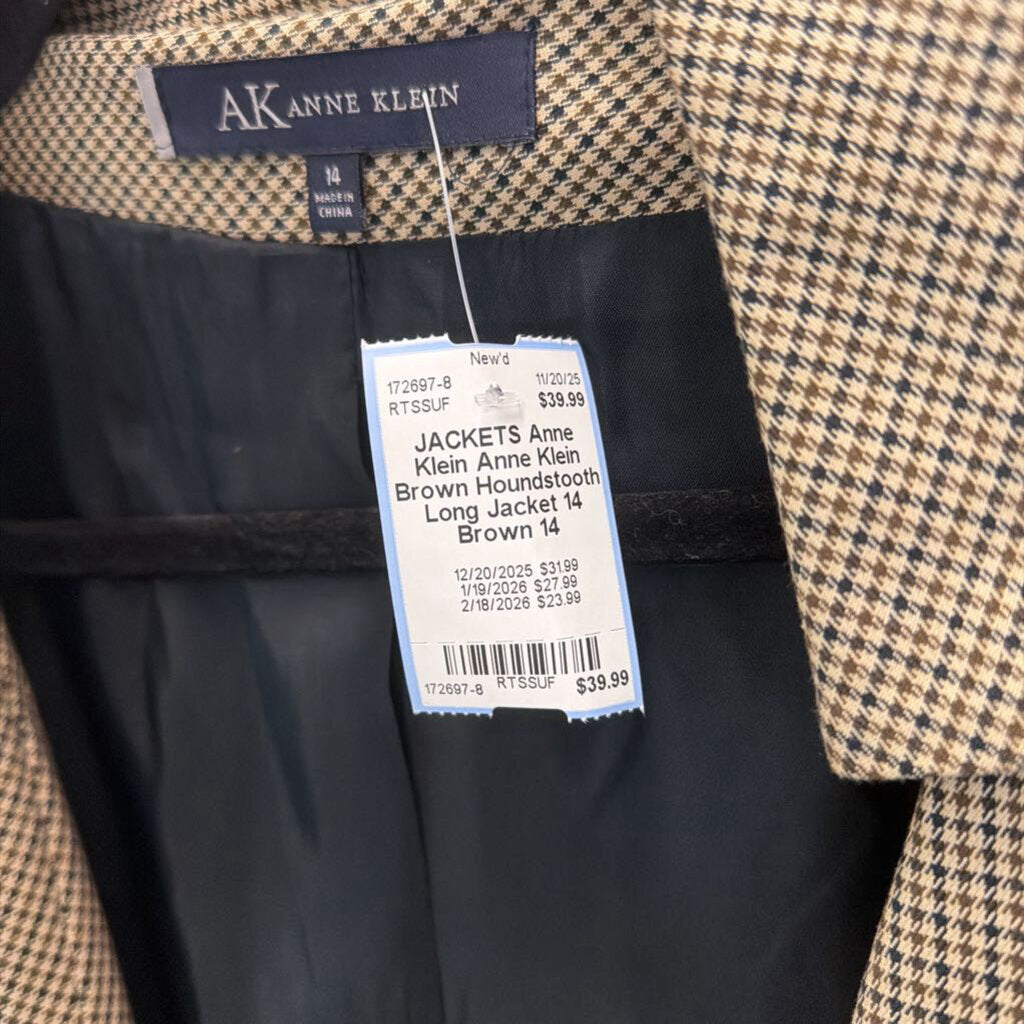 Anne Klein Brown Houndstooth Long Jacket 14